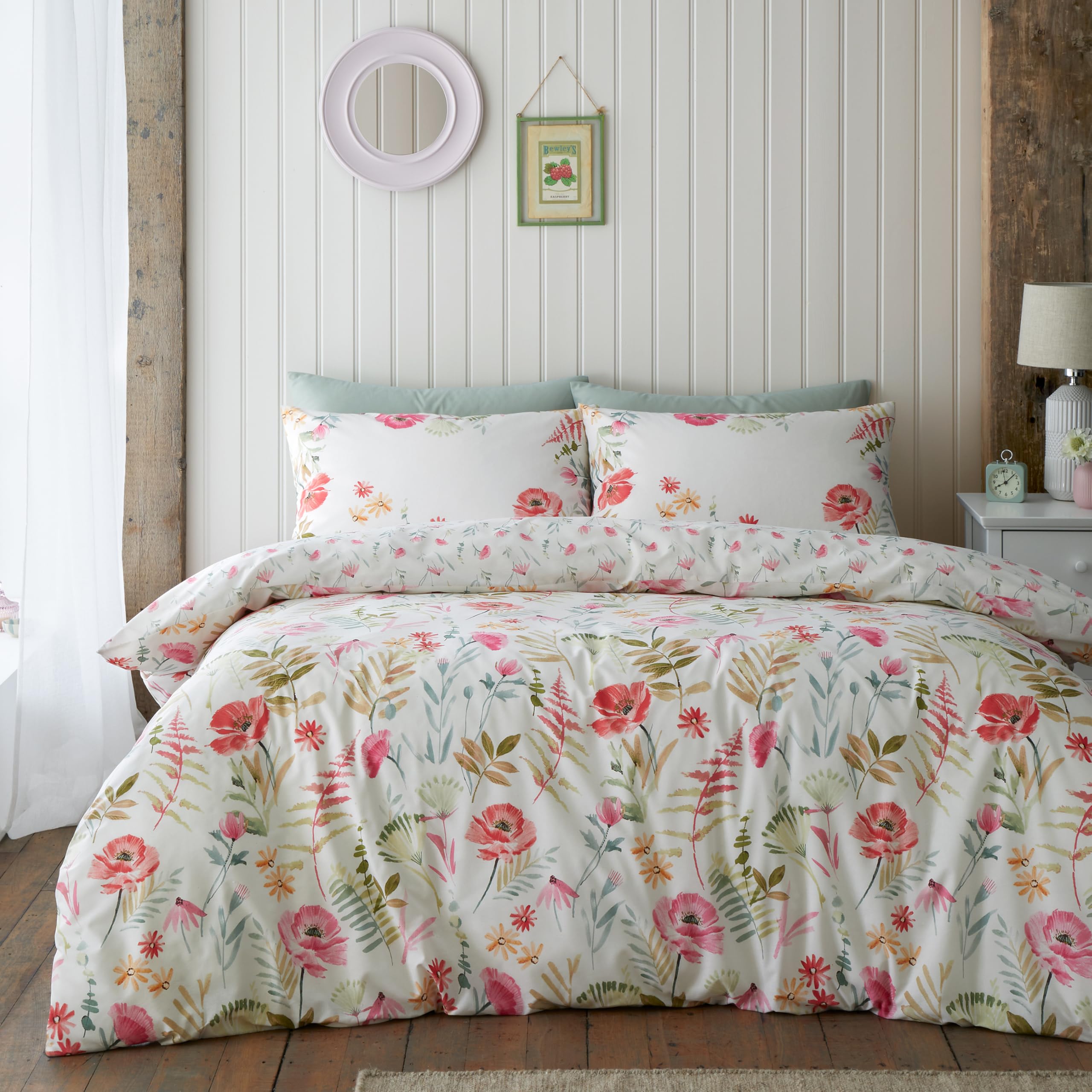 Catherine Lansfield Ella Poppy Reversible Single Duvet Cover Set with Pillowcase Cream