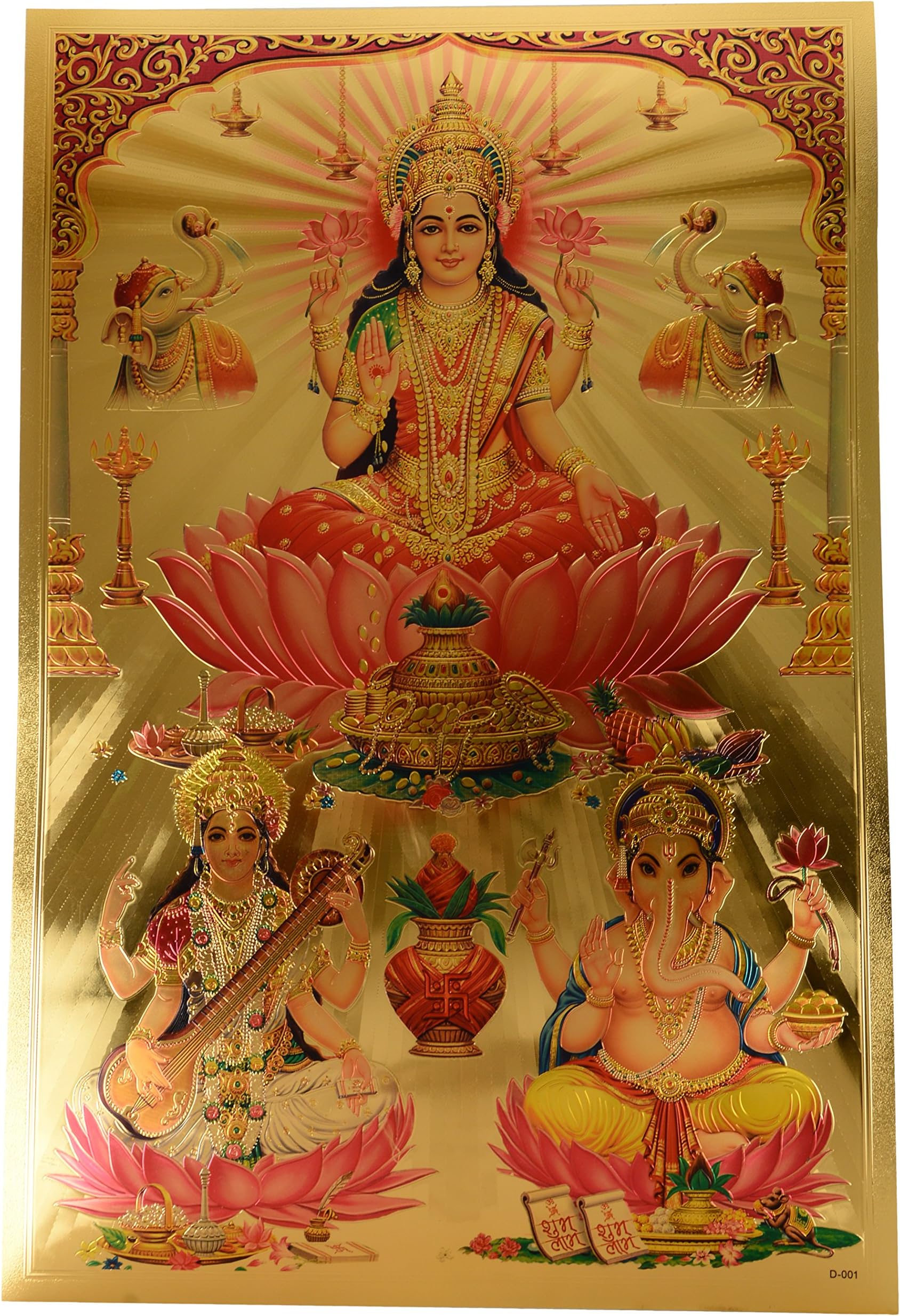 Aone Foil Religious Lakshmi Saraswati and Ganesh Poster, Multicolour, Standard