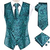 Hi-Tie Men's Silk Slim Fit Suit Vest Necktie Pocket Square Cufflinks Set Tuxedo Waistcoat for Wedding Party Business