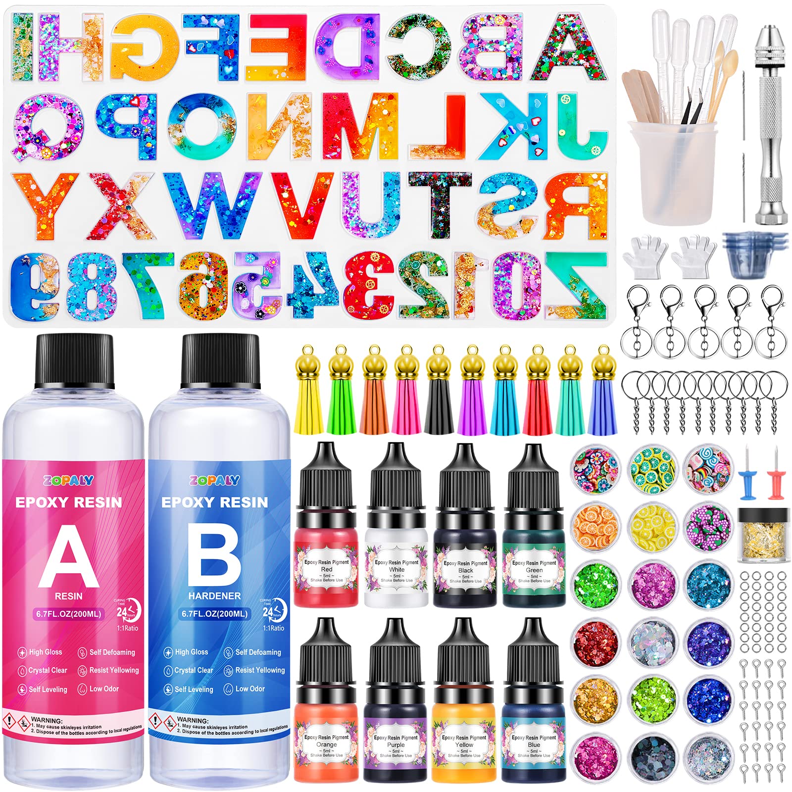 ZOPALY Epoxy Resin Kit for Beginners, 192 Pcs Letter Number Resin Moulds, 400ml Clear Resin, Accessories for Custom Keychains