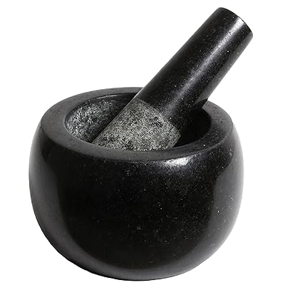 Mortar and Pestle Set Made of Solid Granite, with Anti-Scratch Padding, in Protective Packaging (5.2 Inch, 6 Lbs, Polished, Black, Extras)