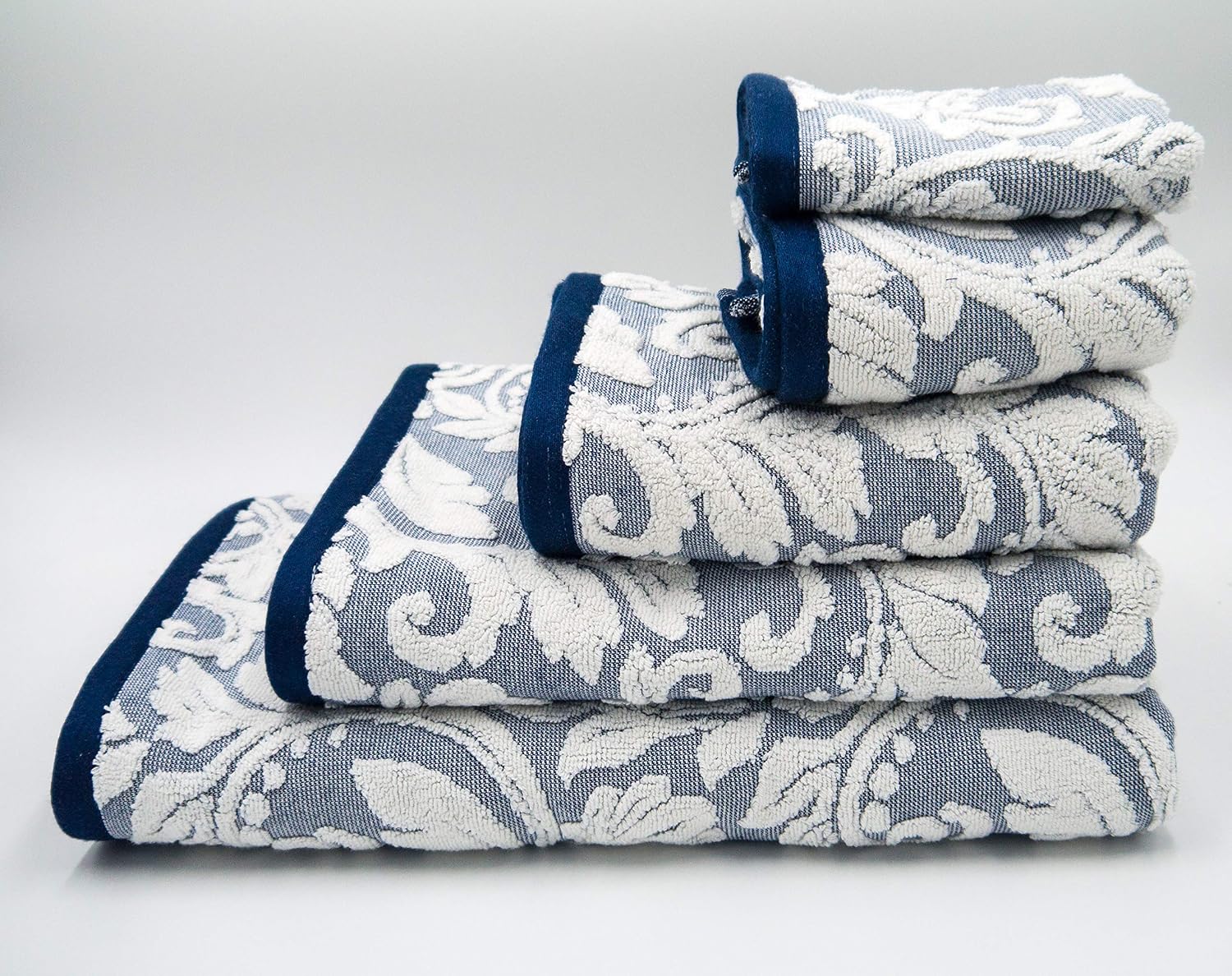 Lex's Linens Pack of 2 Jacquard Floral Embossed Navy Blue Hand Towels, Pack of 2 Hand Towels Blue, 40 x 60 cm