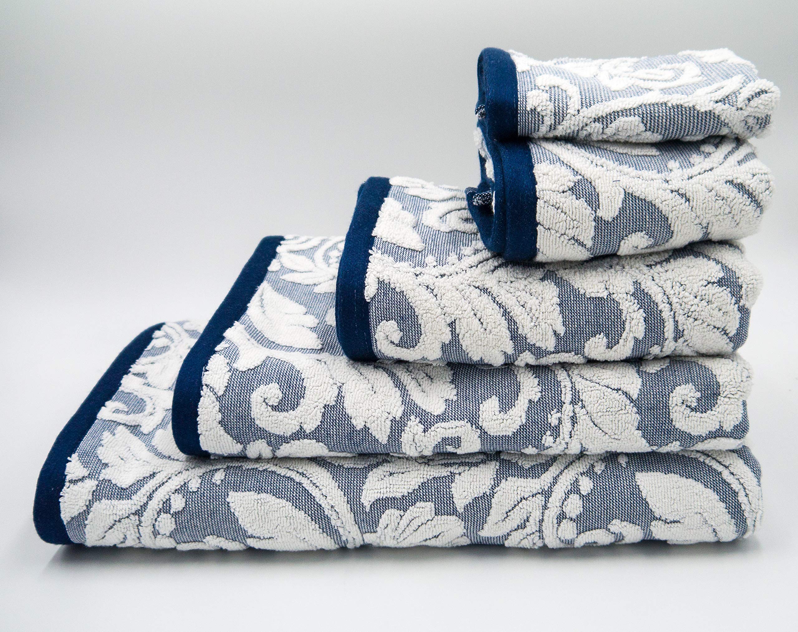 Lex's Linens Pack of 2 Jacquard Floral Embossed Navy Blue Hand Towels