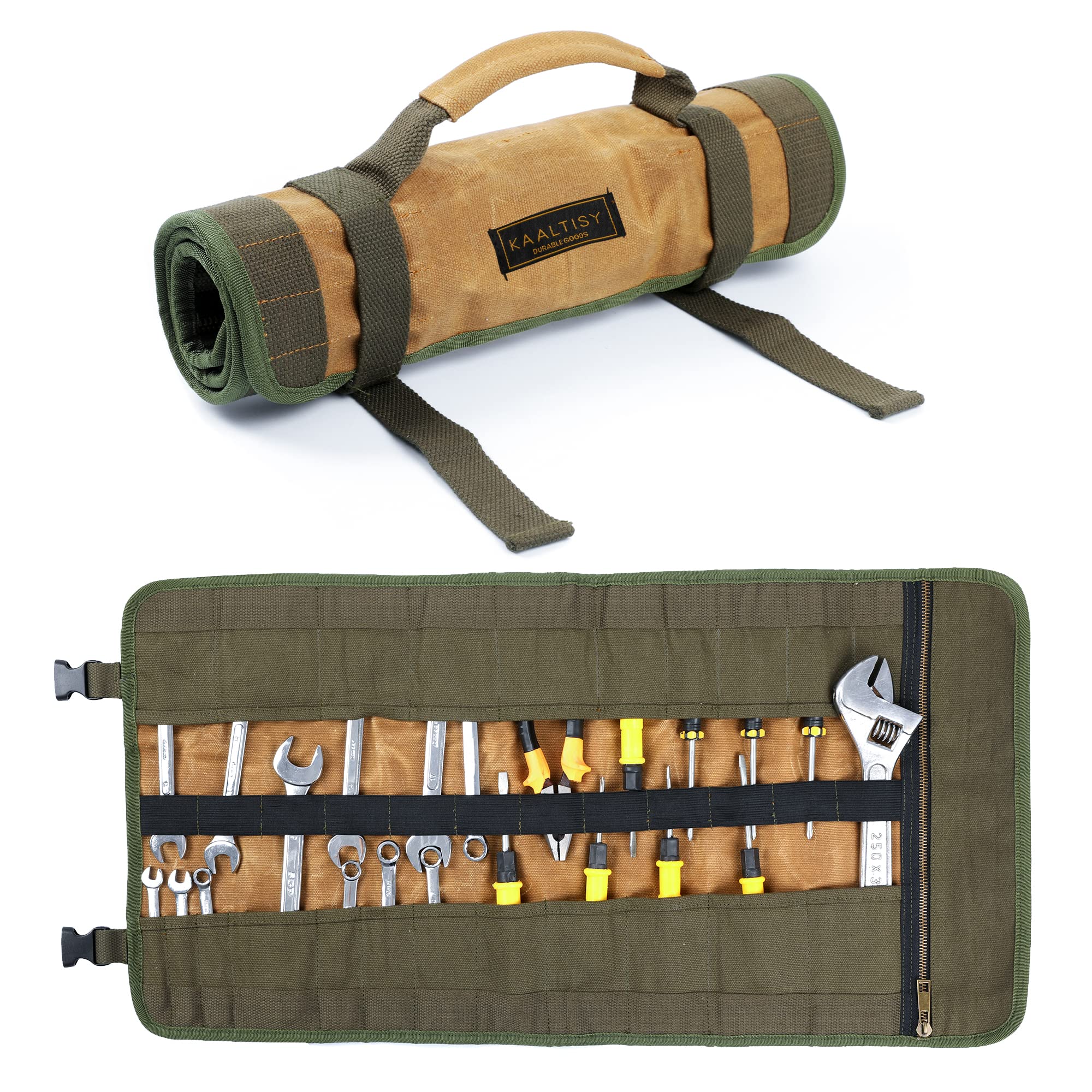 Tool Roll, 16OZ Waxed Canvas Roll Up Tool Pouch with Handle & 23 Pockets & 2 Adjustable Buckles - Khaki - Multi Purpose Rolled Tool Bag for Wrench Chisel Hammer