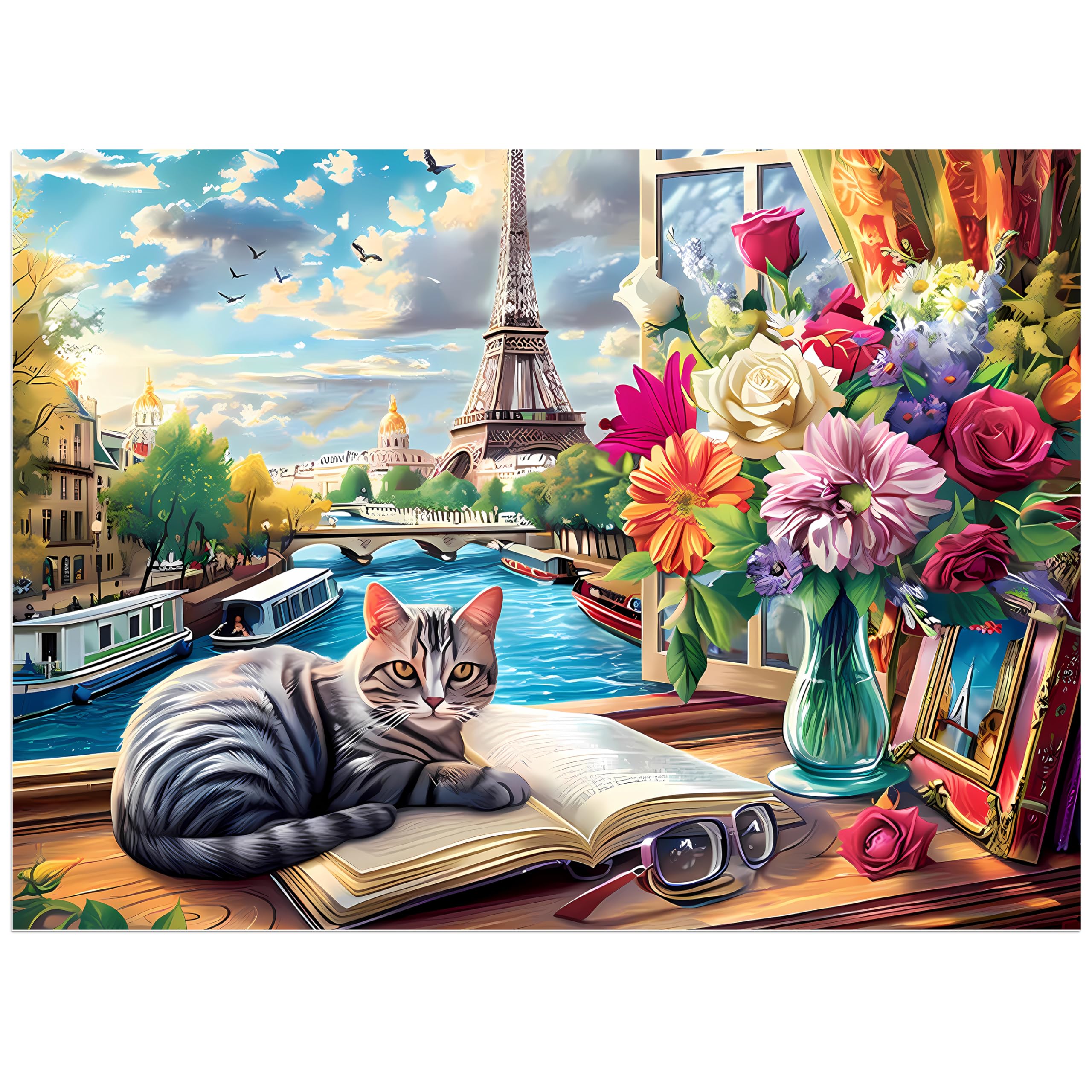 500 Pieces Puzzle for Adults Cat Paris Puzzle for Elderly, Recycled Paper Jigsaw Puzzles 500 Pieces Challenging Puzzles Family Game Gift for Friends, Finished Size is 21x15 in