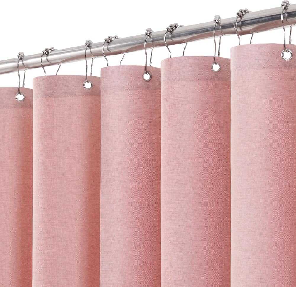 Linen Look Shower Curtain 182x182cm Pink with Metal Hooks
