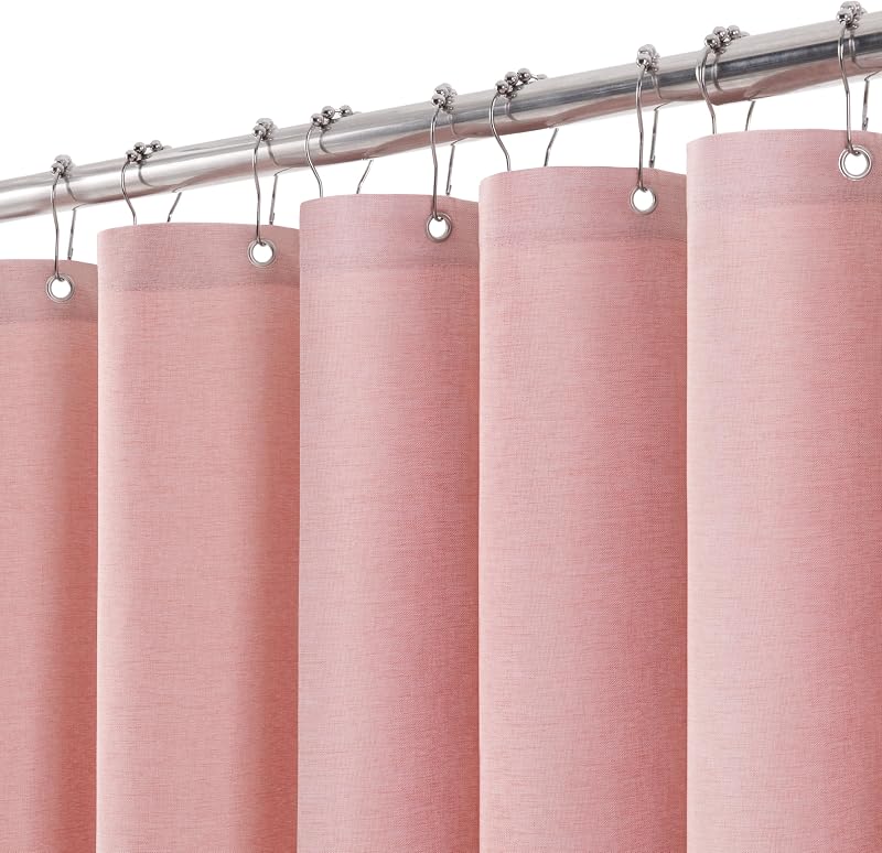 Linen Look Shower Curtain 182x182cm Pink with Metal Hooks