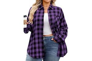 Womens Plus Size Flannel Shirts Long Sleeve Button Down Plaid Shirt Roll Up Oversize Checkered Blouse Top Fall