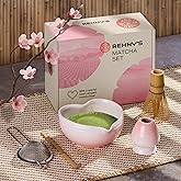 Rehny’s Matcha Whisk Set|Complete Pink Matcha Set w/Heart-Shaped Bowl, Bamboo Whisk, Holder, Stainless Steel Sifter, Bamboo Scoop|Cute Gift Present Macha Kit Handmade Bowl |Macha Powder Tea Kit