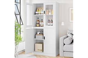 LISSIMO Metal Storage Cabinet with Glass Doors, Lockable Office Cabinet, Tall Steel Cabinet with Adjustable Shelves for Home Office,School and Hospital (White)