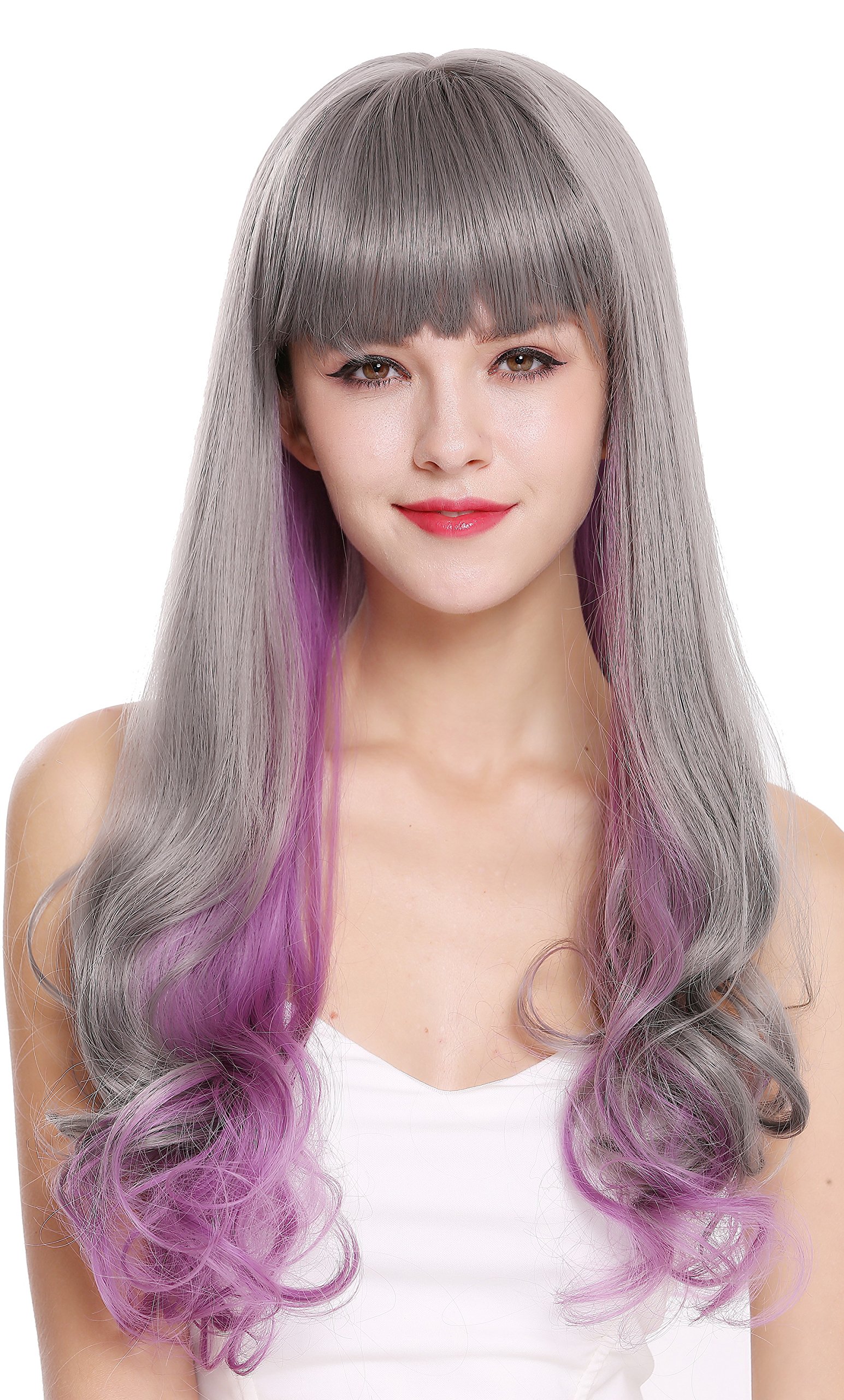 WIG ME UP - D1819-10AT366 Quality women's wig lady long fringe sleek curly hair tips grey violet purple mix