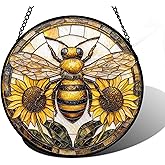 DASTOLL Stained Glass Window Hanging - Bee Sunflower Yellow Suncatcher Ready to Hang Window Doors Home Decoration and Christmas, Mother's Day Birthday Gifts for Women, Men, and Mom 7.8x7.8 in
