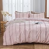 Simple&amp;Opulence 100% Cotton Striped Duvet Cover Set Queen Size, 3Pcs Boho Linen-Like Textured Comforter Cover with Embroidered Stripes, Soft Breathable Bedding Set for All Seasons, (Pink, 88"x92")