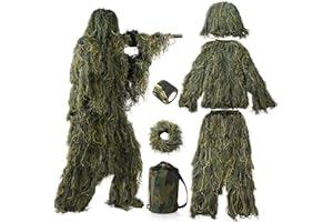 Ghillie Suit Camouflage Hunting Apparel Including Jacket, Pants, Hood, Carry Bag 3D Camo Hunting Clothes 5-Piece + Bag