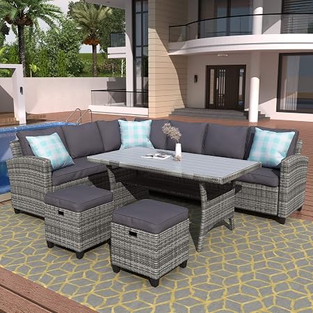 Merax Patio Dining Sets 5 Piece Outdoor Conversation Set All Weather Brown Wicker Rattan Sectional Sofa Dining Table Chairs Set With 2 Ottoman Beige Cushion Amazon In Garden Outdoors