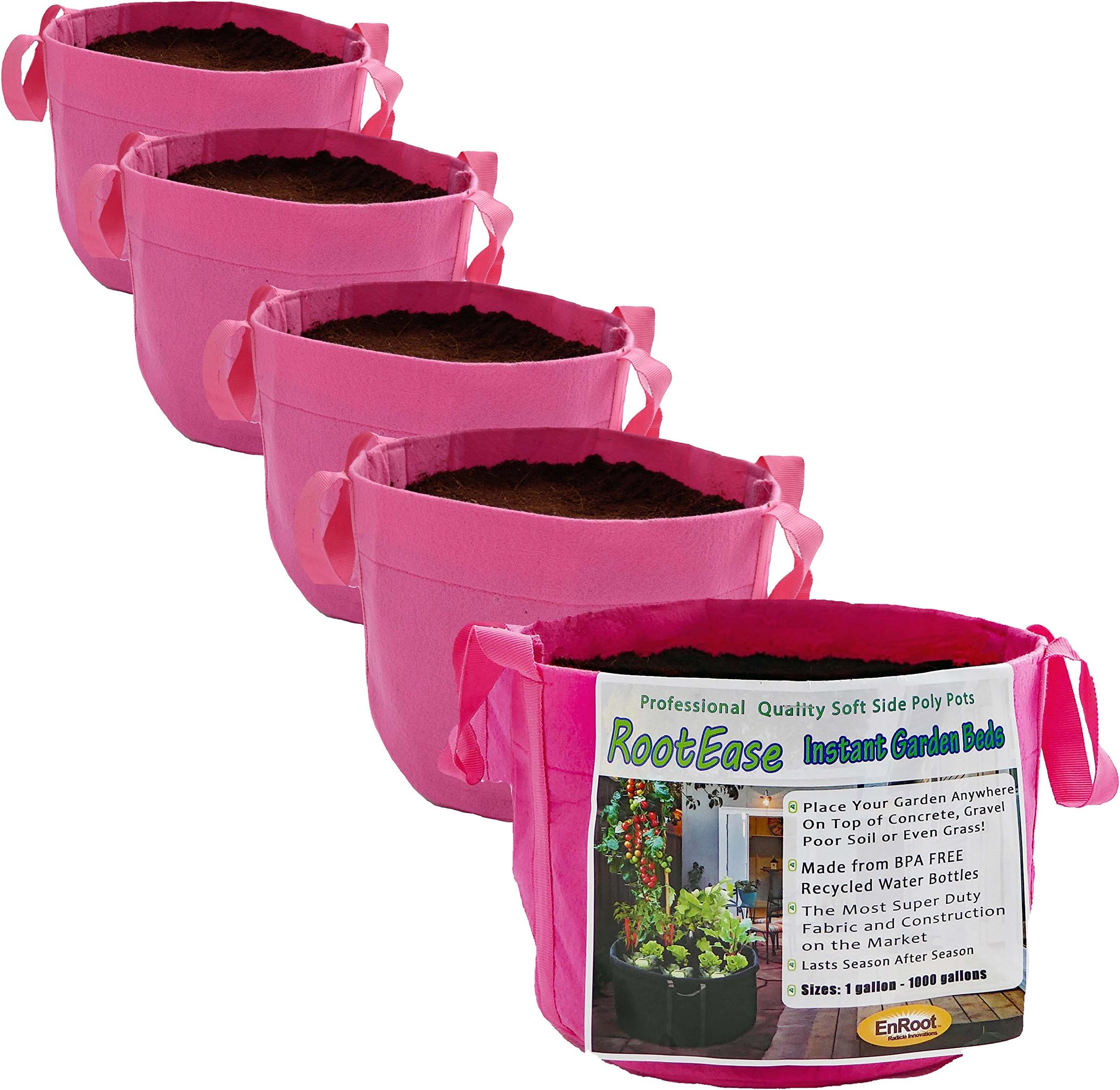 RootEase 5-Pack Garden Planting Fabric Grow Bag, Heavy Duty Durable Grow Bags / Planter, Raised Bed Gardening, Eco-Friendly Grow Bags with Sturdy Handles (5 Gallon, Pink)