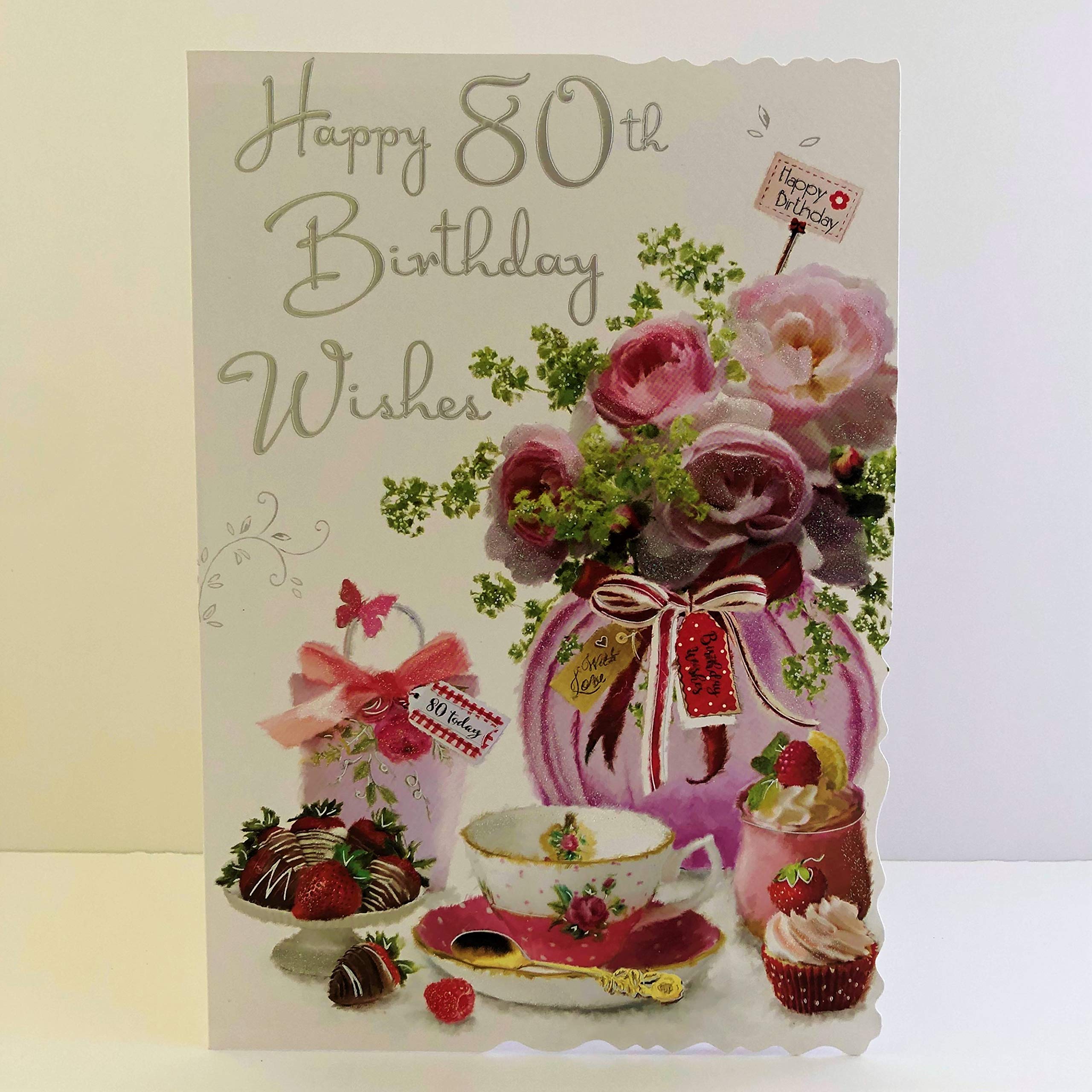 Jonny Javelin Female Age 80 80th Birthday Wishes to You Card - Tea Cup Strawberry Cupcake Flowers