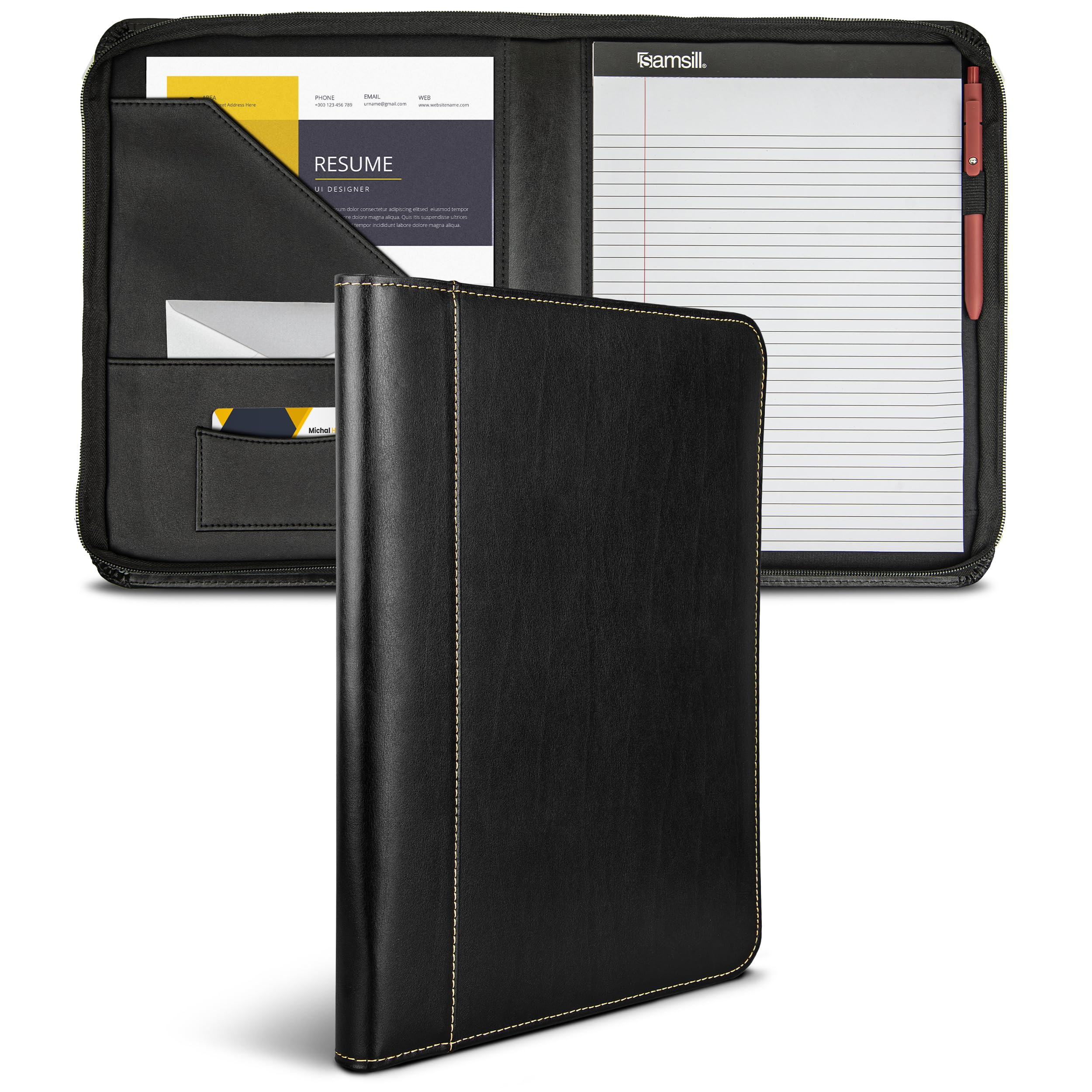 Samsill Contrast Stitch Leather Zippered Portfolio Folder/Business Portfolio for Men and Women, Resume/Document Organizer with Writing Pad, Black (71720)