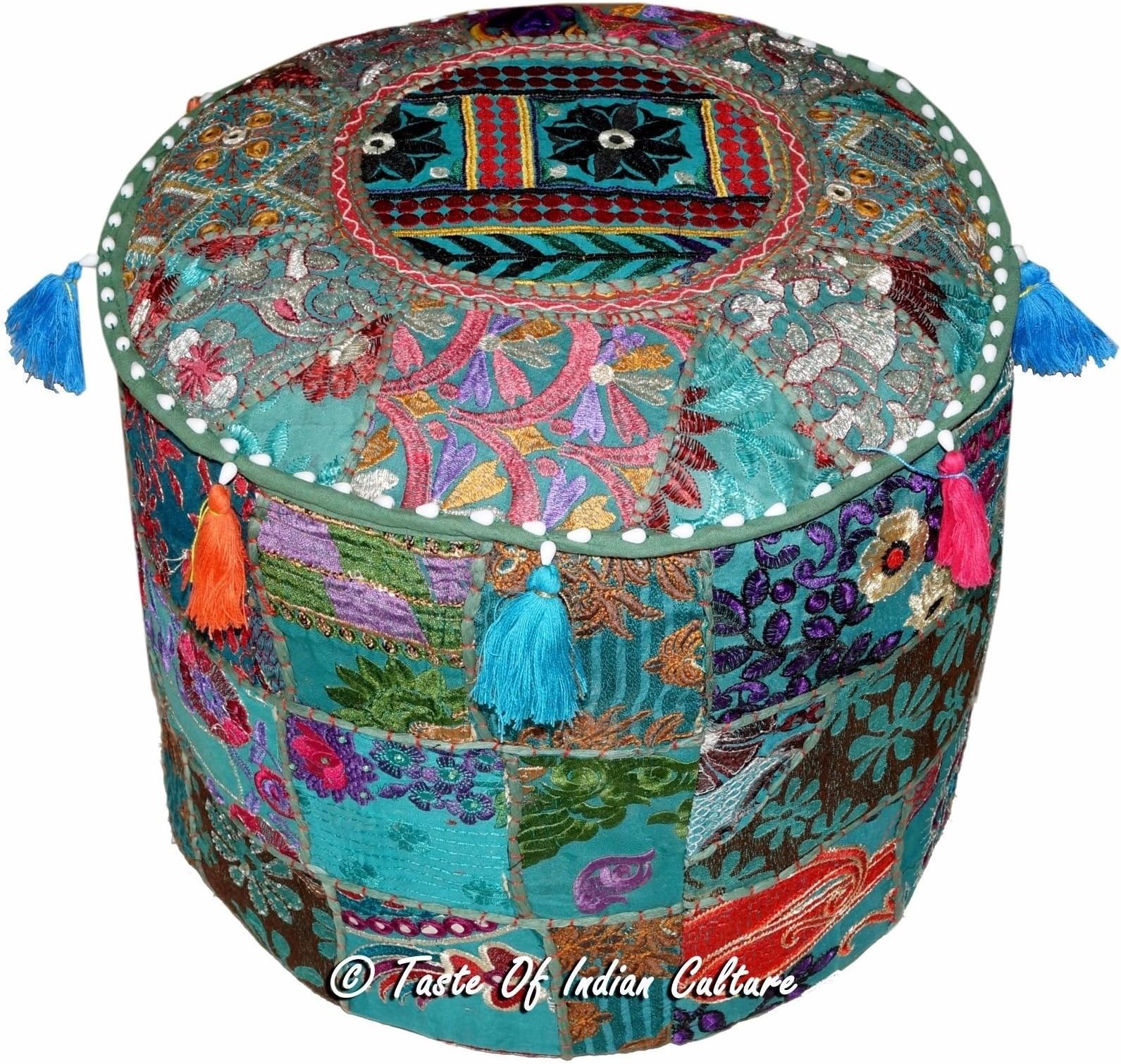 Indian 18" Bohemian Green Round Ottoman Moroccan Pouf Stool Chair X-Mas Decor