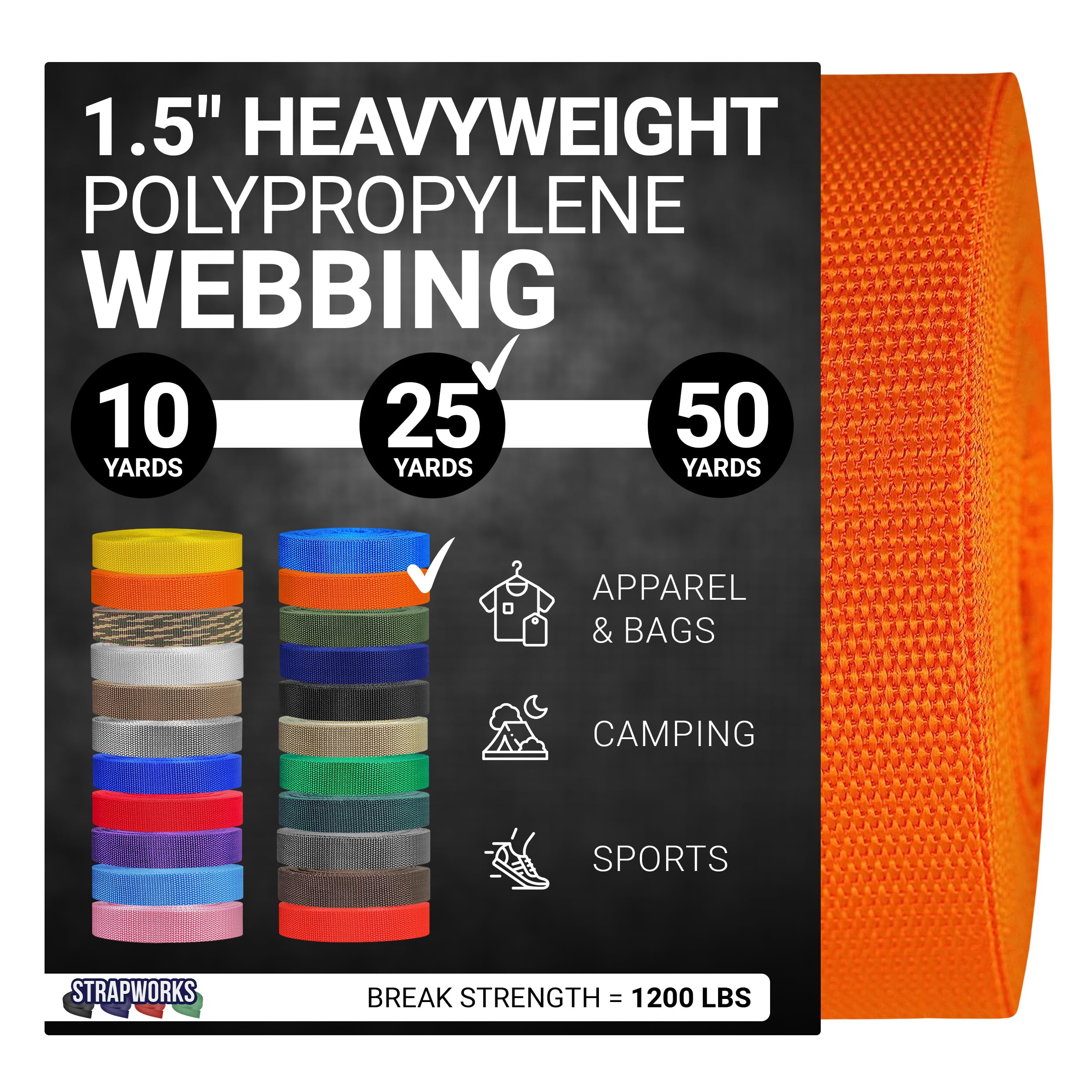 Strapworks Heavyweight Polypropylene Webbing - Heavy Duty Poly Strapping for Outdoor DIY Gear Repair, 1.5 Inch x 25 Yards, Orange