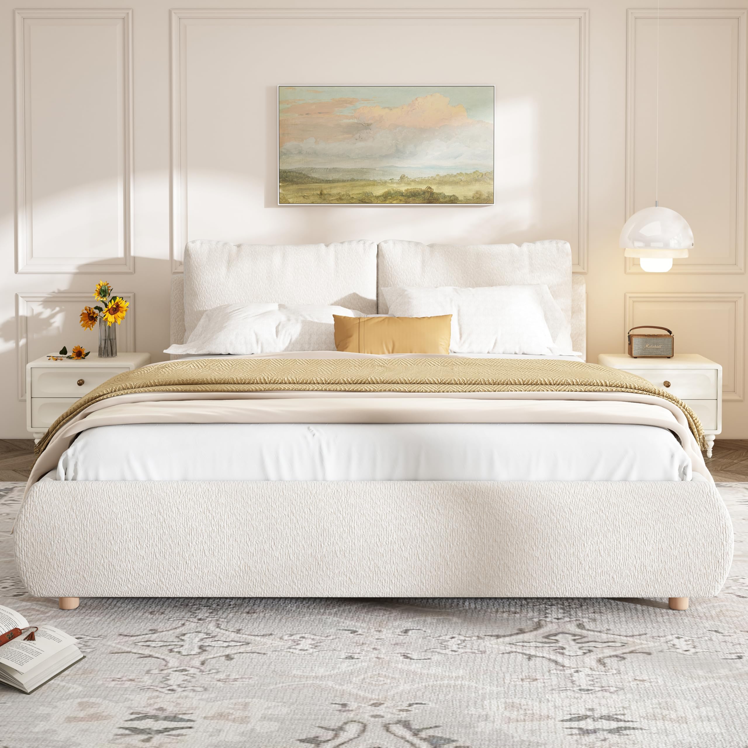 Photo 1 of *MISSING PIECES/ ONLY BOX 2* Queen Size Platform Bed Frame with Two Removable Pillow Headboard for Bedroom, Boucle Fabric Upholstered Bed/Slats Support Mattress Foundation/No Box Spring Needed, Light Luxury Design