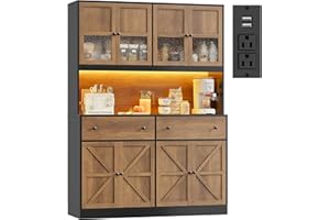 FINETONES 71" Pantry Cabinet with LED Light and Charging Station, Farmhouse Kitchen Pantry Cabinet with Microwave Stand, 47.2" Wide Kitchen Hutch Food Pantry with Open Countertop, Black/Brown