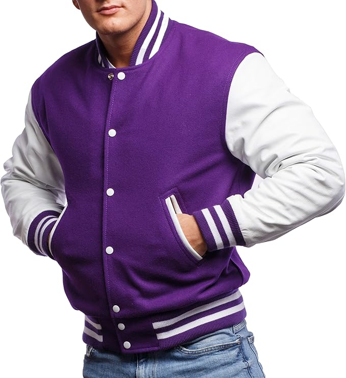 Letterman Jacket (16 Color Options) S to 5XLPurple Wool, White