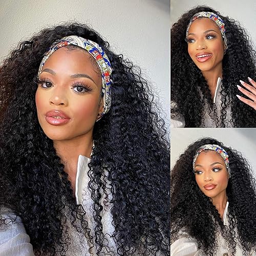 Headband Wig Human Hair for Black Women Curly Headband Wigs Glueless Human Hair None Lace Front Wigs 150% Density Briazilian Virgin Hair Wigs Natural color (20Inch Headband Wig Curly)