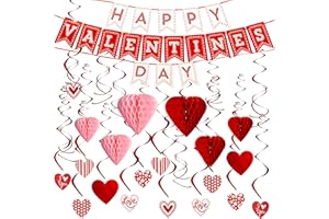 JOYIN 31 Pcs Valentines Day Decoration Kit with 1 Happy Valentine's Day Banner, 8 Foil Swirls, 14 Hanging Swirls with Heart Pendant, 8 Hanging Red Pink Heart Honeycombs, Valentine Party Supplies