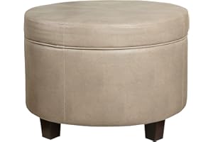 Homepop Home Decor | Upholstered Faux Leather Round Storage Ottoman | Ottoman with Storage for Living Room & Bedroom, Taupe Brown