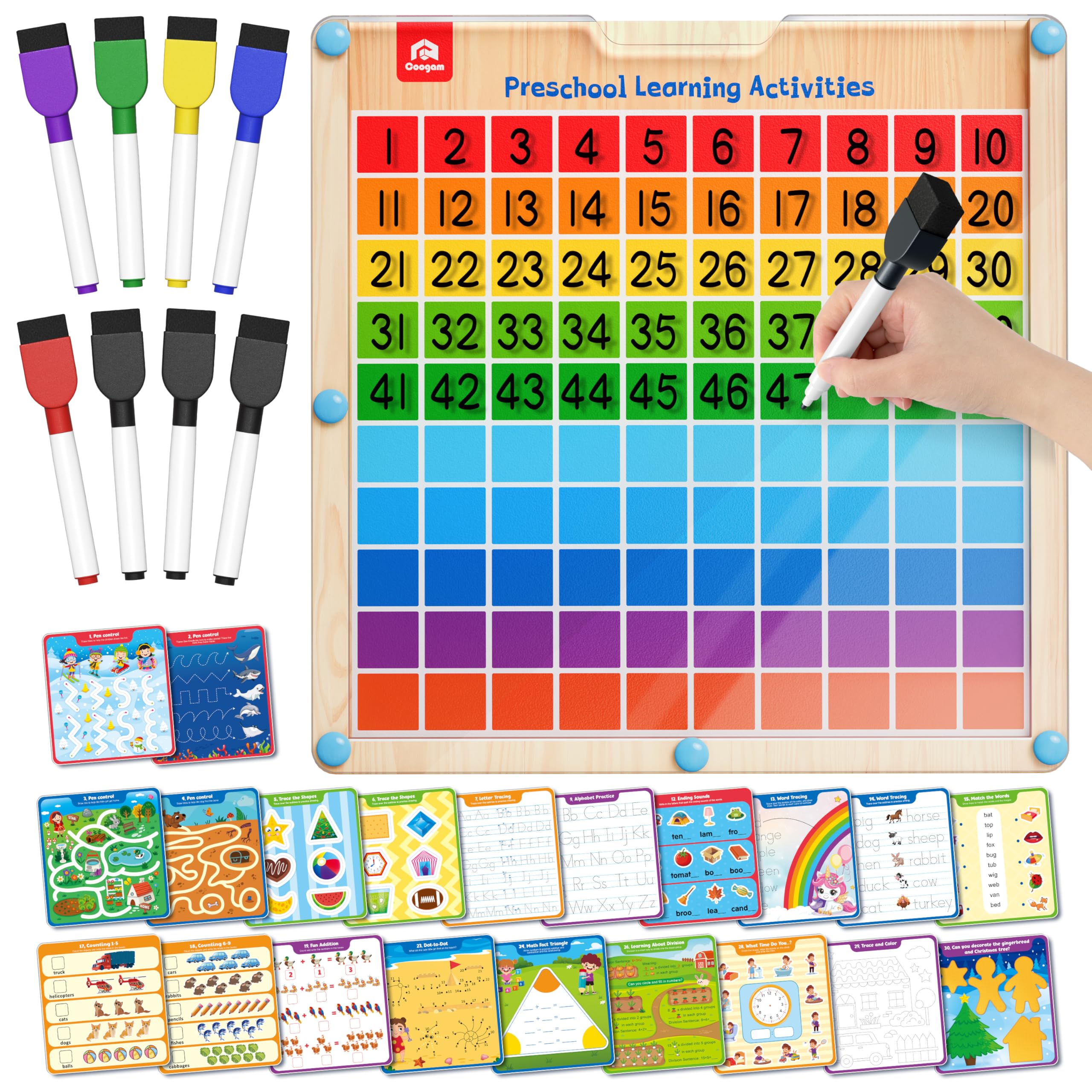 Photo 1 of Coogam Handwriting Hundred Board, Math Manipulative Wooden Montessori 1-100 Number Toys, Alphabet Writing Practice for Preschool Educational Activity, Fine Motor Learning Game for Kids Age 3-8