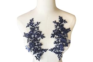 Heyiwell Navy Sequin Embroidered Applique Flower Patches for Sew on Bridal Wedding Ballet Dress Lace Decor 1 Pair, 11"x3.93" Inch