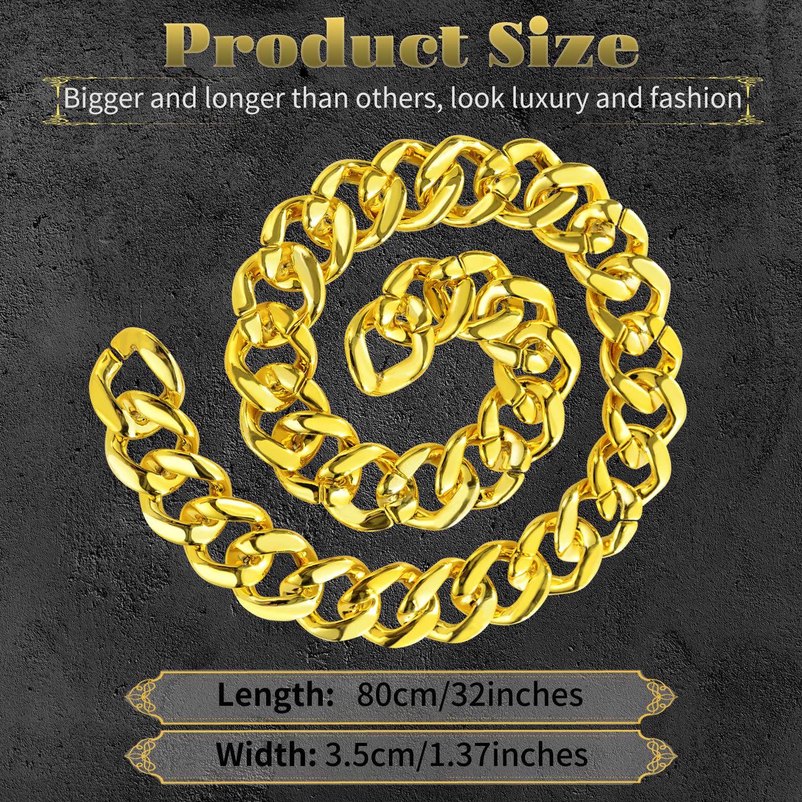 PinCute Gold Chain for Men/Women Fake Plastic Chunky Gold Necklace, Gold Rope Chain Necklace for 80s 90s Outfits Costumes (32 * 1.38 Inches)