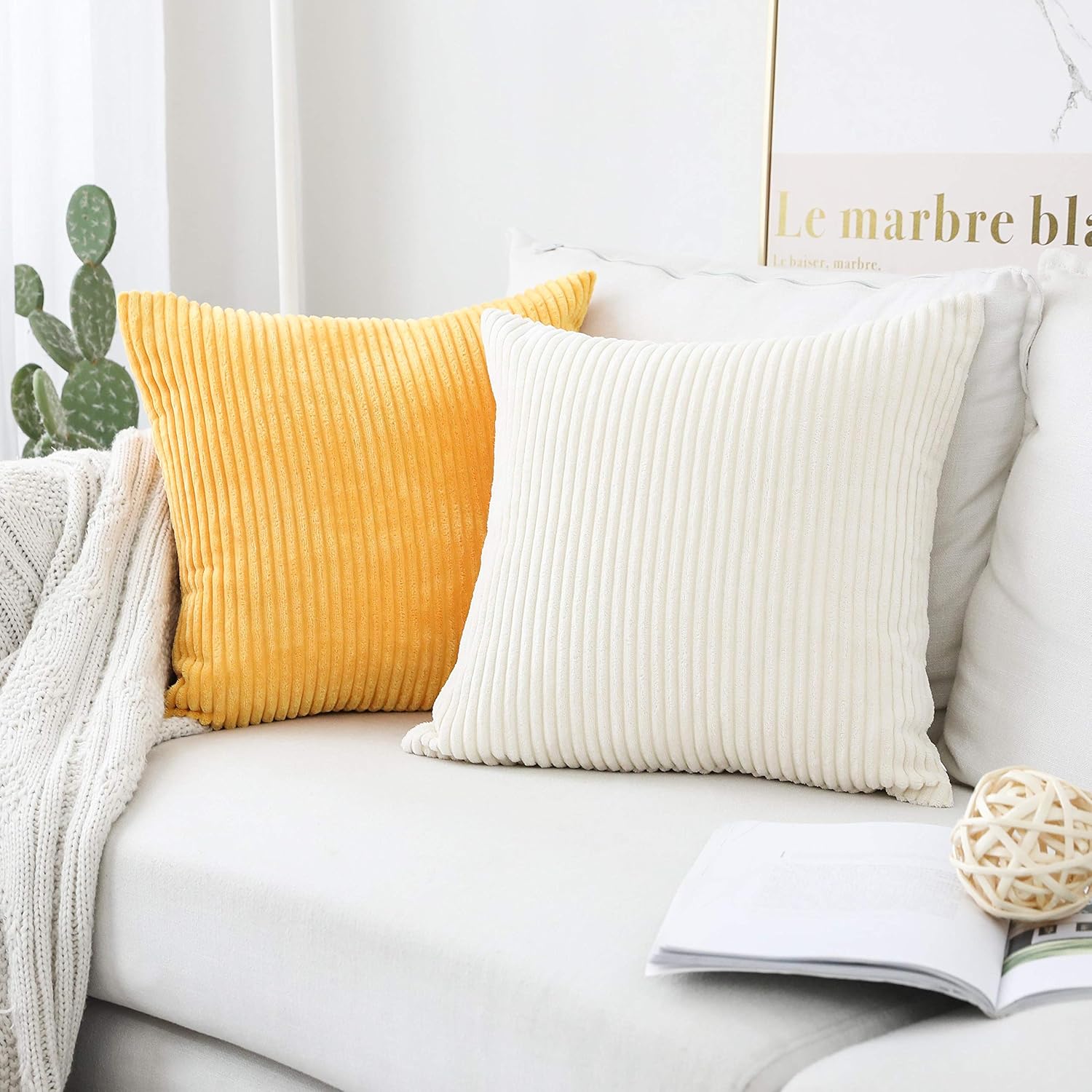 Home Brilliant Pillow Covers Super Soft Decorative Striped Corduroy Velvet Square Mustard Throw Pillows for Couch Sofa Cushion Covers Set of 2, 18x18 inch (45cm), Sunflower Yellow: Home & Kitchen