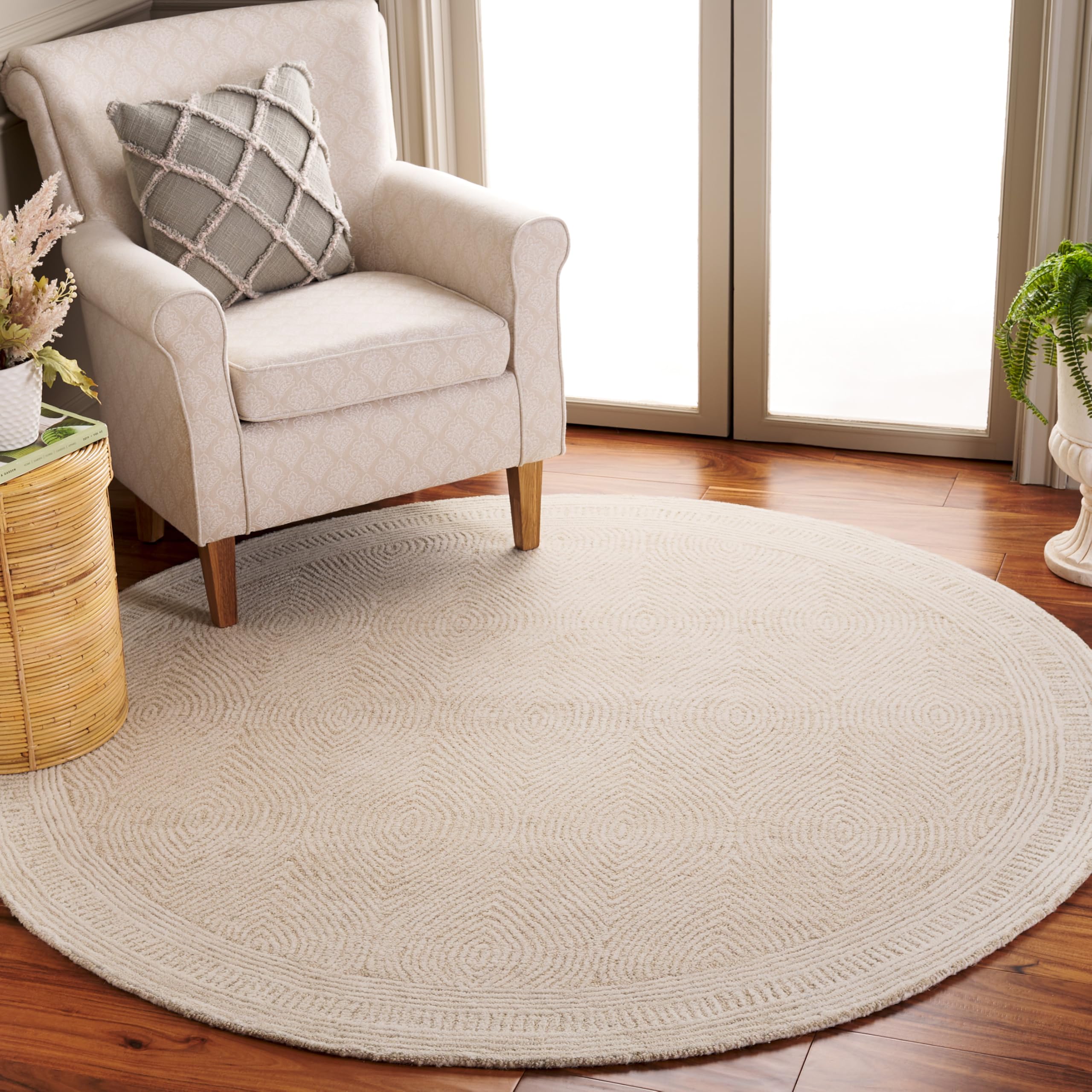 SAFAVIEH Abstract Collection Area Rug – 4′ Round, Ivory & Beige, Handmade Wool, Ideal for Living Room, Bedroom, Dining Space (ABT340A)