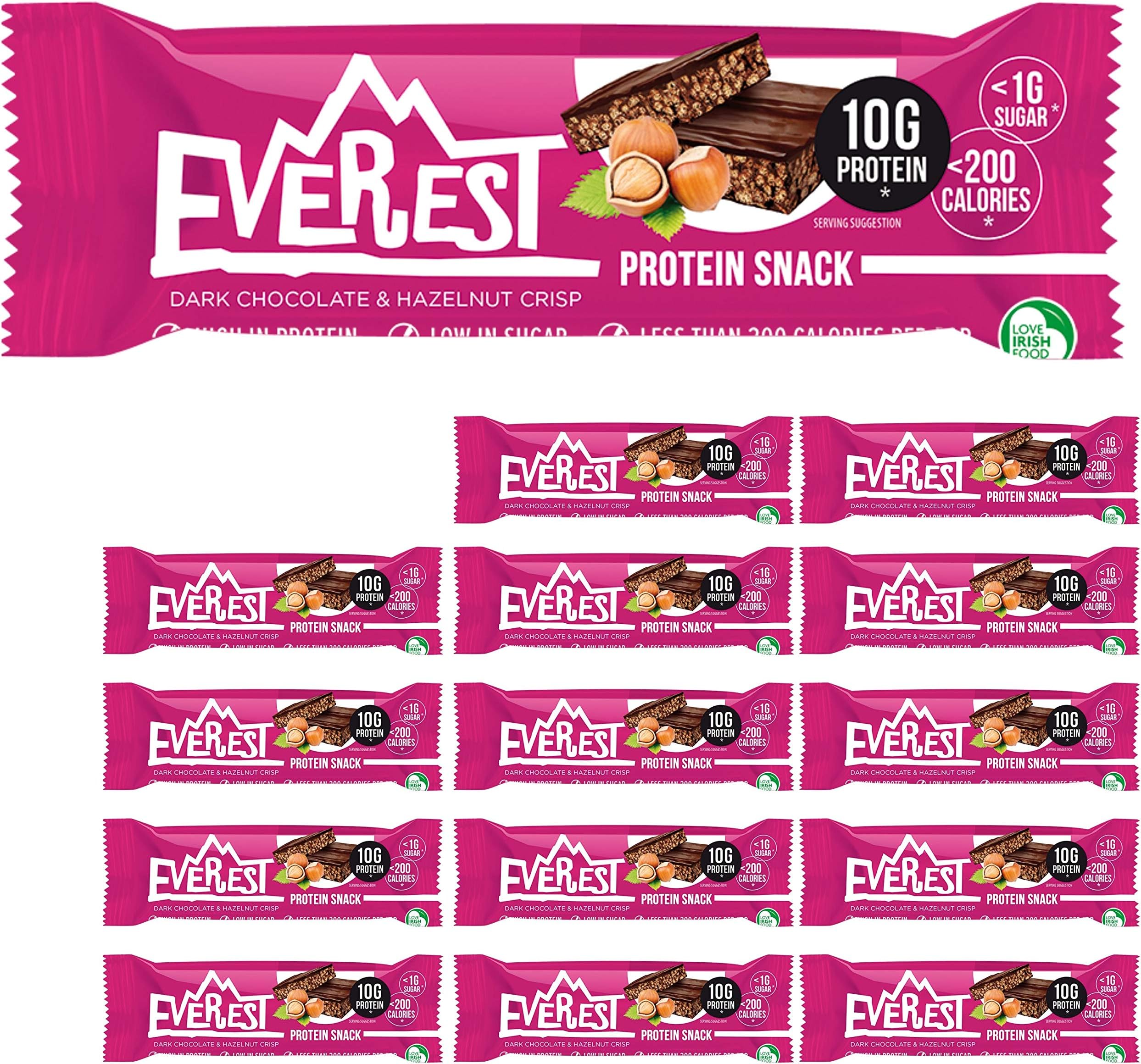 Everest Snacks Protein Snack - Healthy Protein Bars - Low Sugar, Low Calorie Guilt-Free Sports Bars - High in Fibre and Protein - 15 x 40g Protein Bars (Dark Chocolate & Hazelnut Crisp)