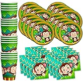 Monkey Birthday Party Supplies - Jungle Animal Party Supplies - Zoo Animal Party Supplies | Tableware Set Includes Plates, Napkins and Cups | Kit for 16