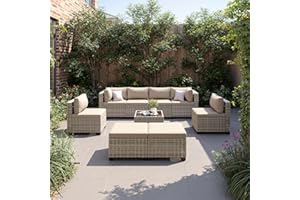 Sweecci 9-Piece Patio Furniture Set, Outdoor with Ottomans, Modular Patio Sofa, Dual-Strand Wicker Rattan, Rust-Resistant Frame, Backyard Furniture for Garden, Deck, Sand