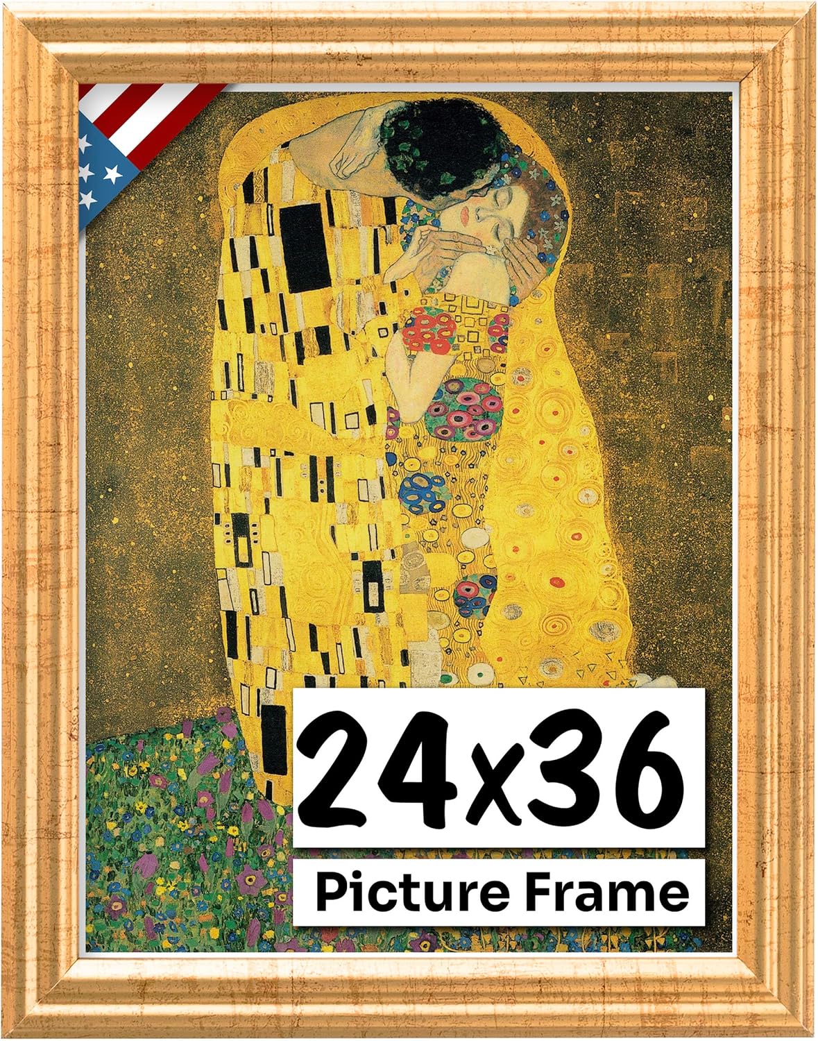 US Art Antique Gold 24x36 Picture Frame .75" Inch Wide - Gold Wall Decor Handmade Solid Wood Frames with Preinstalled Hangers and UV Blocking Plexiglass 36x24 Frame