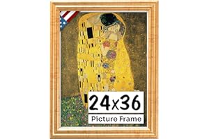 US Art Antique Gold 24x36 Picture Frame .75" Inch Wide - Gold Wall Decor Handmade Solid Wood Frames with Preinstalled Hangers and UV Blocking Plexiglass 36x24 Frame