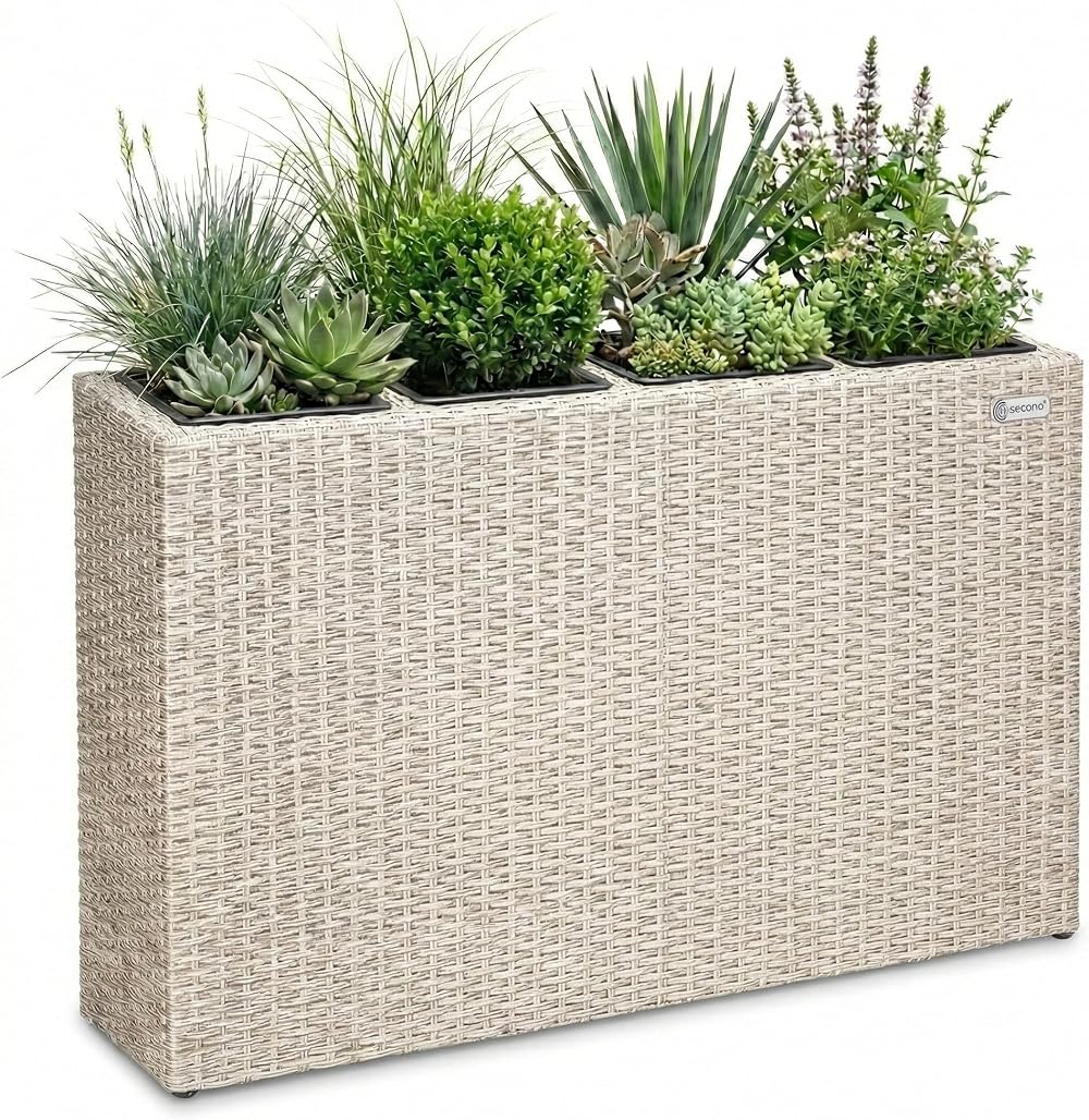 CASARIA Flower Box 4 Inner Pots Polyrattan Cream Outdoor Planter Rectangular