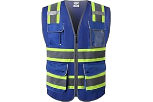 HATAUNKI Retro-Reflection Blue Mesh Safety Vests With 9 Pockets and Front Zipper ANSI/ISEA 107-2015 (Blue-04, Medium)