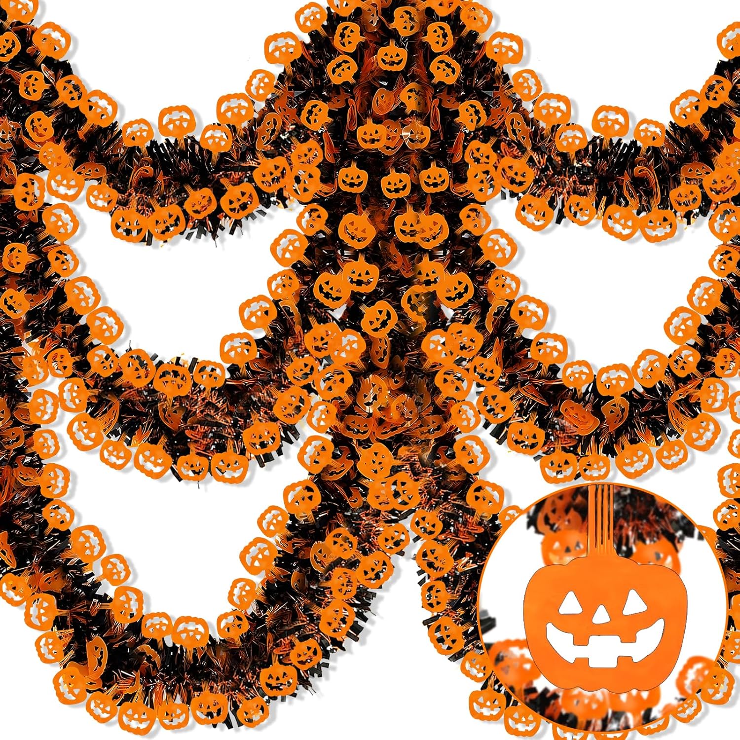 Wreaths, Garlands & Swags - Govetom 2 Pack 66 Ft Halloween Garland Black Orange Pumpkin Tinsel Garlands with Pumpkins Sparkly Metallic Holiday Tinsel Twist Hanging Garlands for Indoor Outdoor Home Party Halloween Decorations