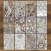 12Pcs Mixed Stencils for Painting, Art Stencils for Crafts Reusable, Wood Grains Flower Texture Templates Spider Web Layering Spray Paint Stencils Kit on Wall Canvas Cake Card DIY (11&times;7'')