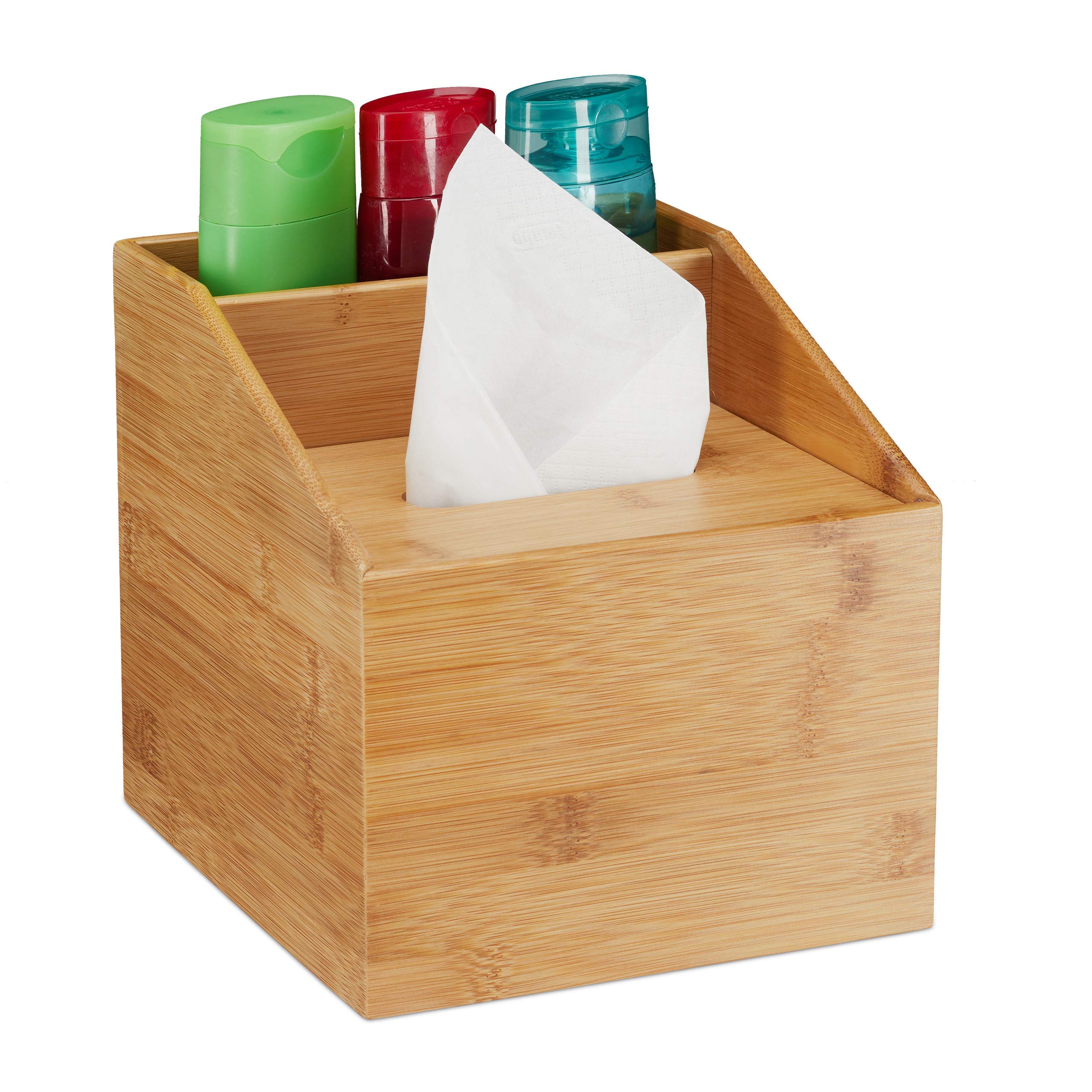 Relaxdays Bamboo Tissue Dispenser, Modern Design, 2 Compartments, Box with Lid, Organiser, HxWxD: 20x19.5x22 cm, Natural, 1 Item
