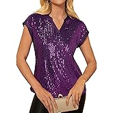 GRACE KARIN Women's Sequin Sparkly Tops Cap Sleeve Dressy Blouses Glitter Party Tops V Neck Disco Shirts Club Concert Outfits