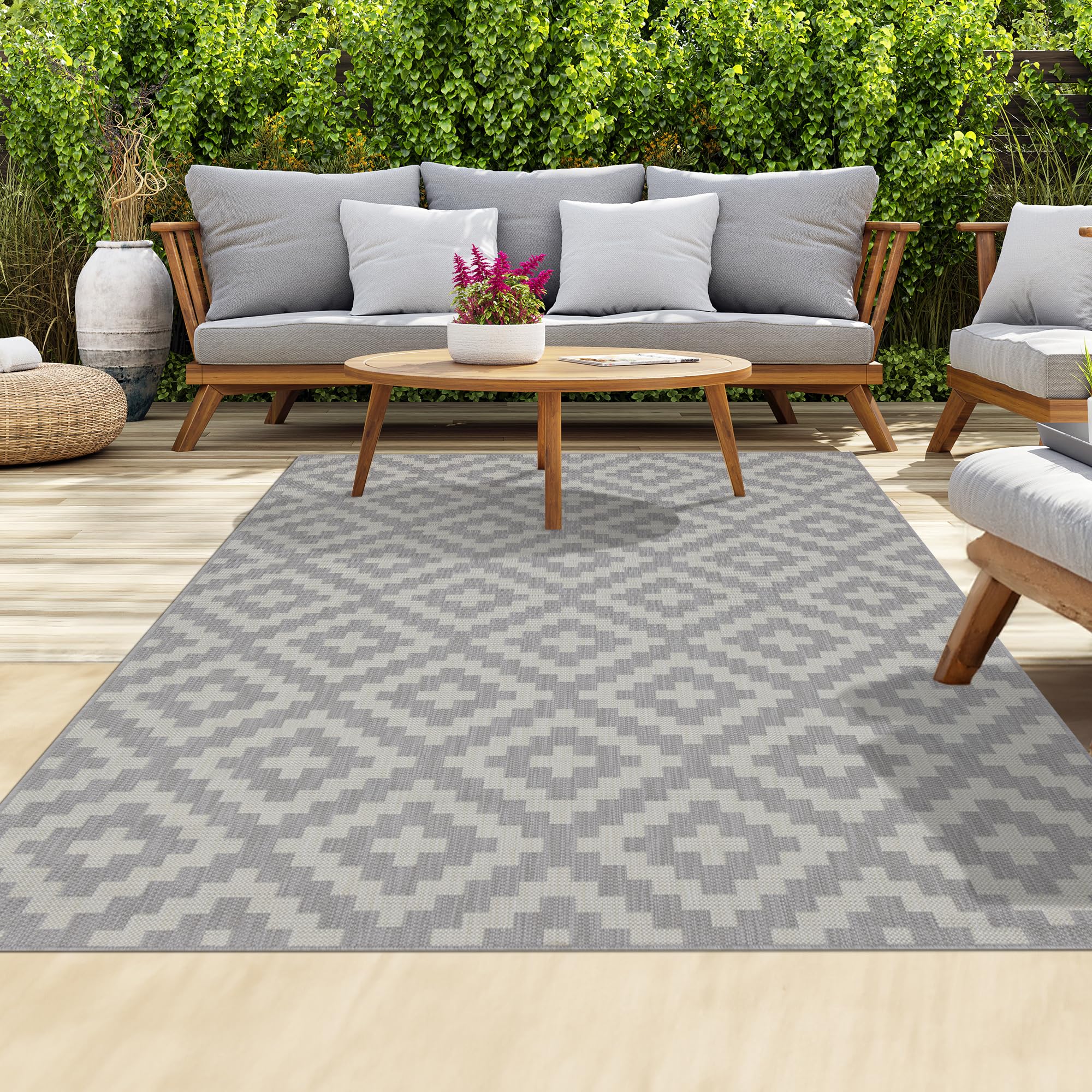 homeart Outdoor Rugs | Easy-Cleaning Indoor & Outdoor Area Rugs for Porch, Deck, Balcony, Garden, Picnic, Kitchen, Hallway | UV & Weather-Resistant Large Patio Rug Mats Grey Cream, 120 x 170 cm
