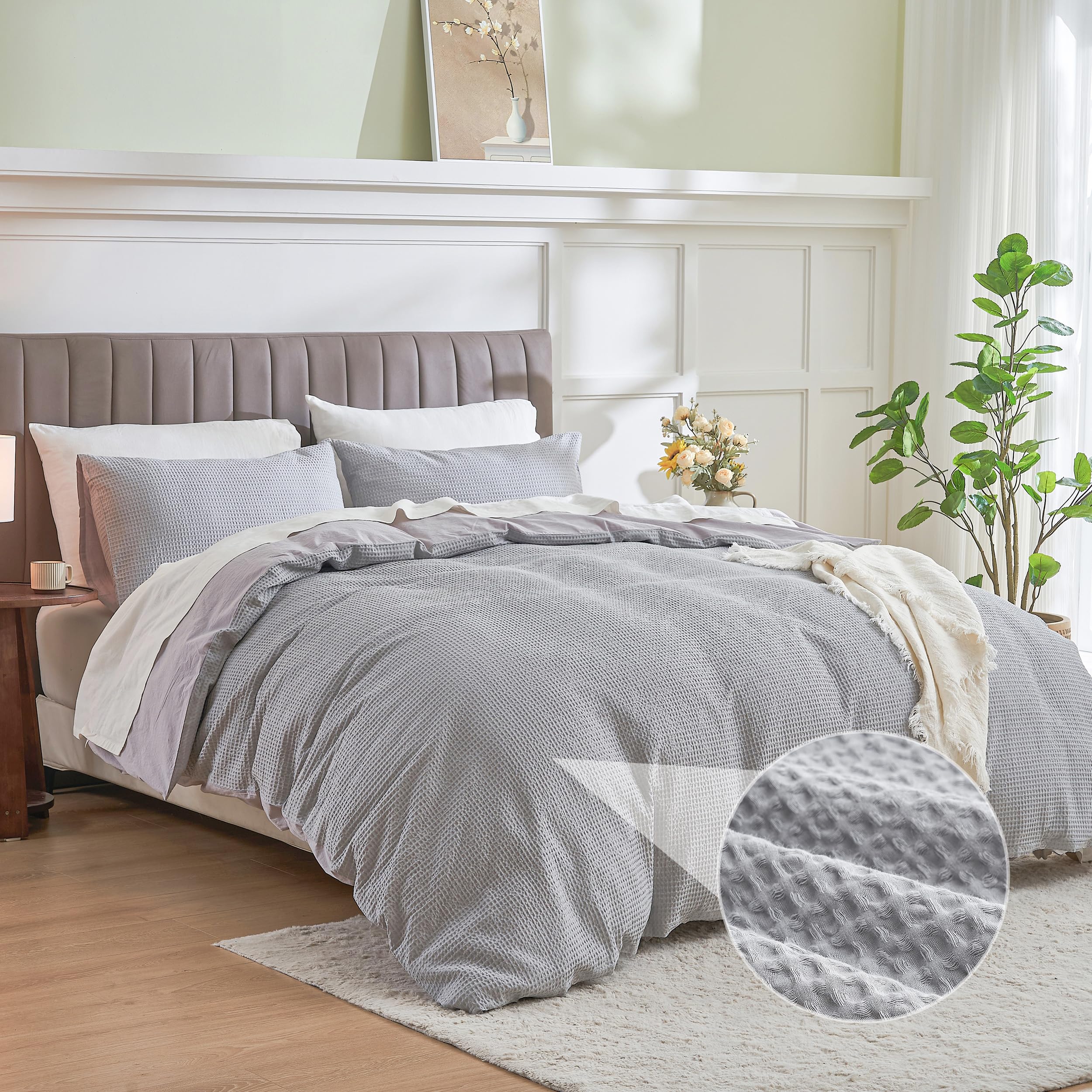 Simple&Opulence Waffle Duvet Cover King Size, 100% Cotton Waffle Bedding with 2 Pillowcases, Soft Breathable Seersucker Quilt Cover Set, Hidden Button Closure (230x220cm,Grey)