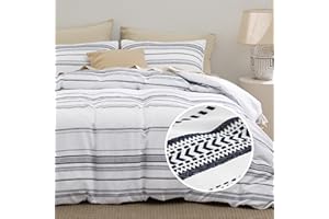 Bedsure Boho Duvet Cover - Boho Bedding Duvet Cover Set for All Seasons, Shabby Chic Jacquard Comforter Bedding (White&Navy,Striped,Queen Size,90"x90")