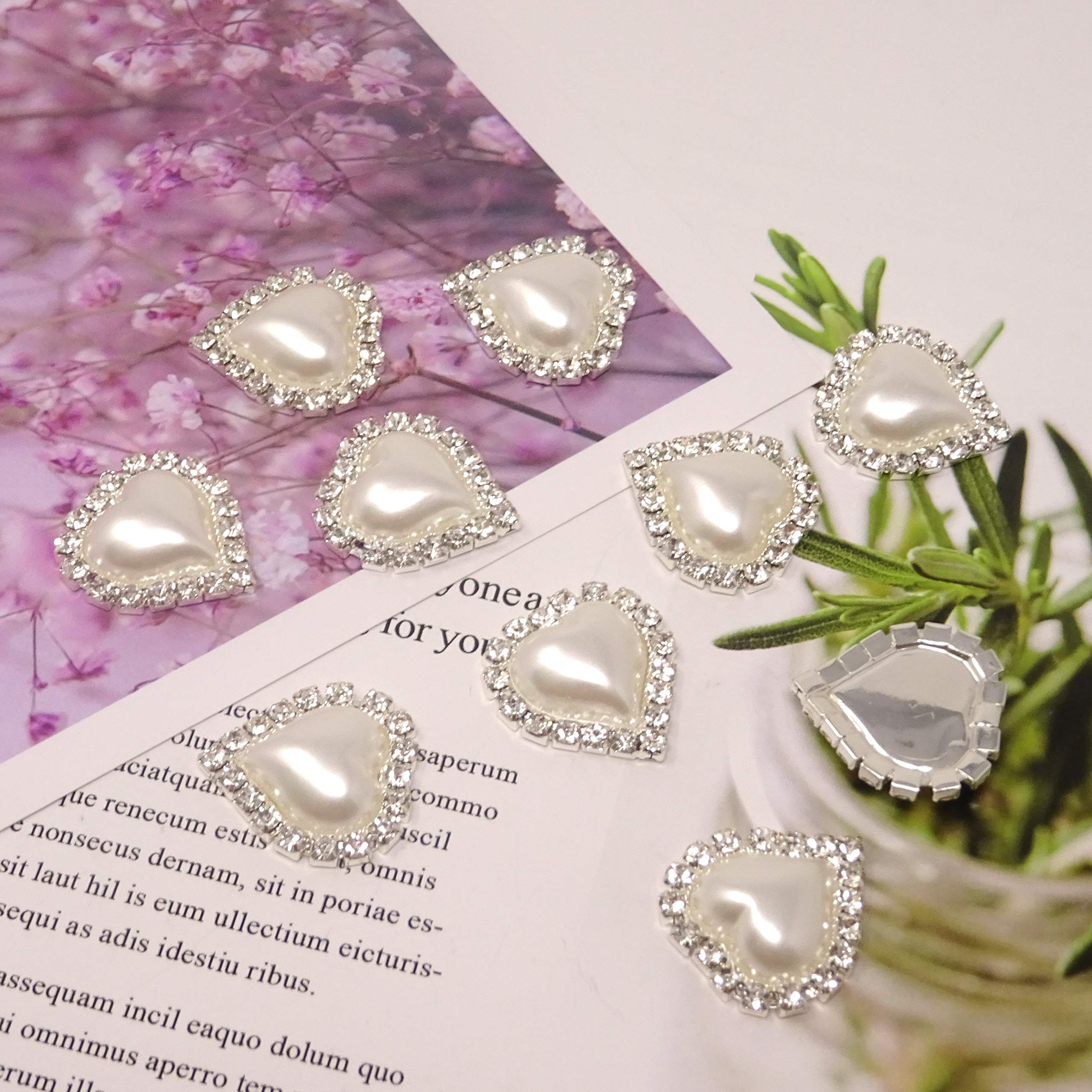 Honbay 10PCS 22mm x 23mm Flatback Heart Shaped Rhinestone White Faux Pearl Embellishments - Glue on